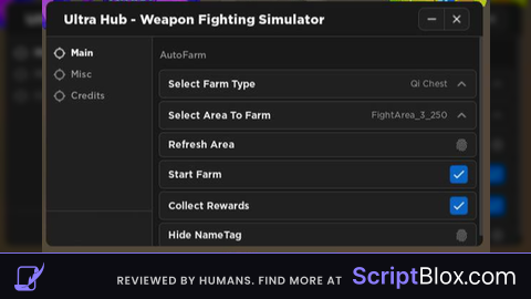 START FARM COLLECT REWARDS HIDE NAMETAG Roblox script for Weapon Fighting Simulator